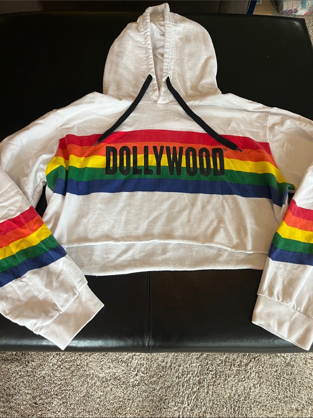 White Rainbow Stripe Cropped DollyWood Hoodie